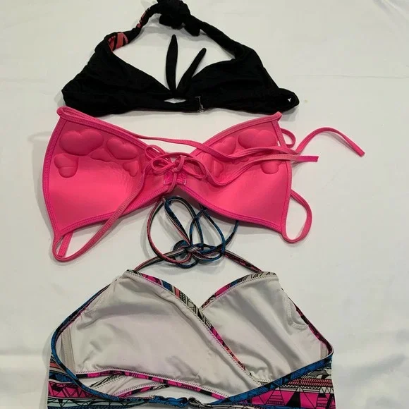 Lot of 3 Swim Swimsuit Bikini Tops Size S/M Black Pink Multi Aztec Halter - Picture 2 of 6